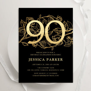 Elegant Black Gold 90th Birthday Invitation