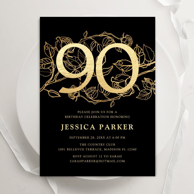 Elegant Black Gold 90th Birthday Invitation (Creator Uploaded)