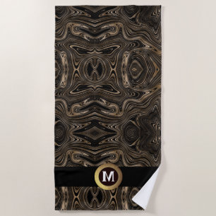 Elegant black gold abstract swirl monogram beach towel
