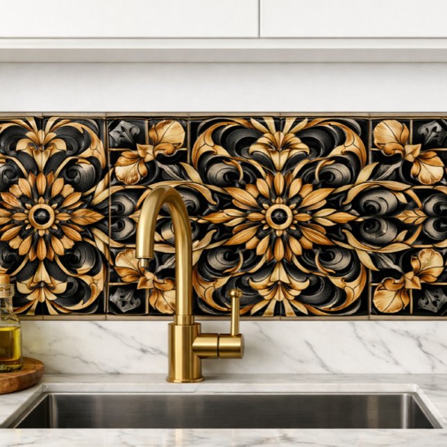 Elegant Black Gold Accent  Ceramic Tile (“Art Deco gold tile brings 1920s elegance to modern kitchens bold symmetry, timeless luxury.”)