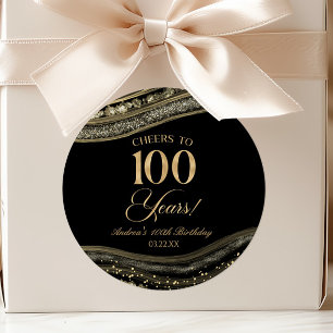 Elegant Black Gold Agate 100th Birthday Party Classic Round Sticker