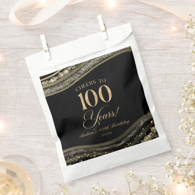 Elegant Black Gold Agate 100th Birthday Party Favour Bag (Clipped)