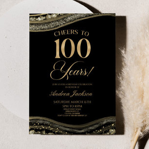 Elegant Black Gold Agate 100th Birthday Party Invitation