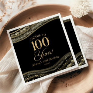 Elegant Black Gold Agate 100th Birthday Party Napkin