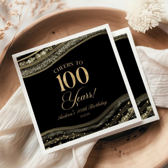 Elegant Black Gold Agate 100th Birthday Party Napkin (Creator Uploaded)
