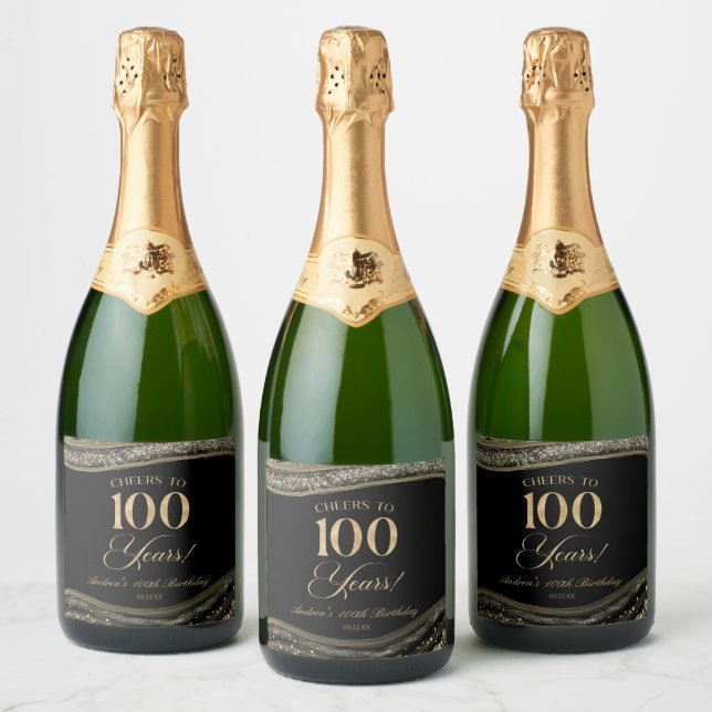 Elegant Black Gold Agate 100th Birthday Party Sparkling Wine Label (Bottles)