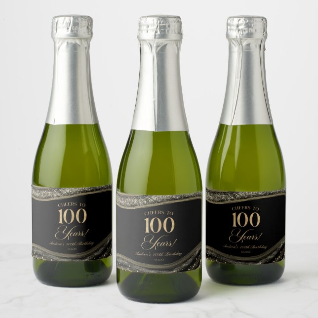 Elegant Black Gold Agate 100th Birthday Party Sparkling Wine Label (Bottles)