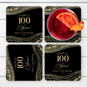 Elegant Black Gold Agate 100th Birthday Party Square Paper Coaster