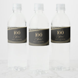 Elegant Black Gold Agate 100th Birthday Party Water Bottle Label