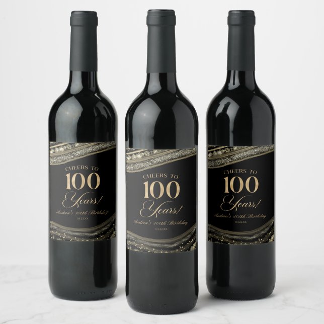 Elegant Black Gold Agate 100th Birthday Party Wine Label (Bottles)