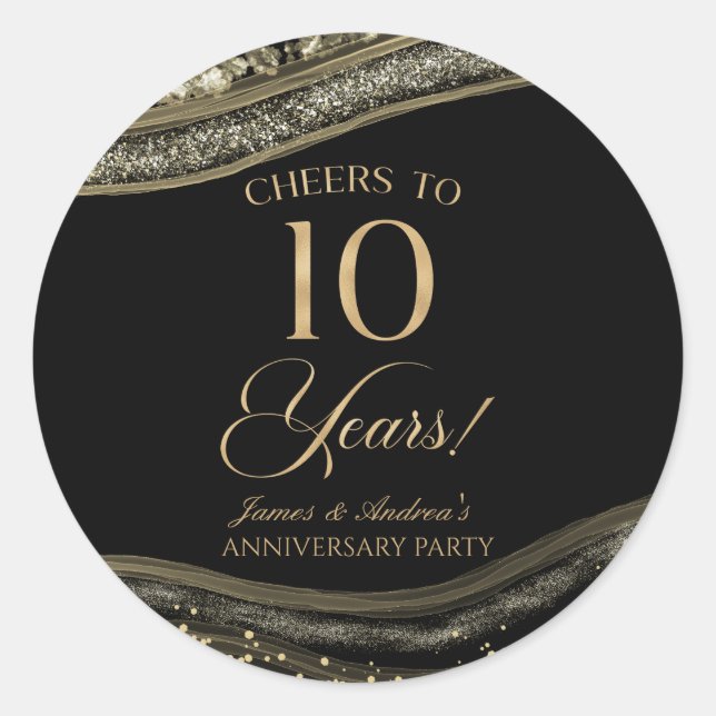 Elegant Black Gold Agate 10th Anniversary Party Classic Round Sticker (Front)