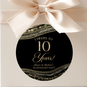 Elegant Black Gold Agate 10th Anniversary Party Classic Round Sticker