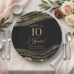 Elegant Black Gold Agate 10th Anniversary Party Paper Plate