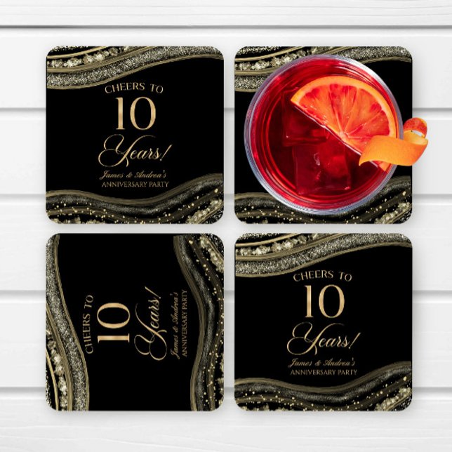 Elegant Black Gold Agate 10th Anniversary Party Square Paper Coaster (Creator Uploaded)