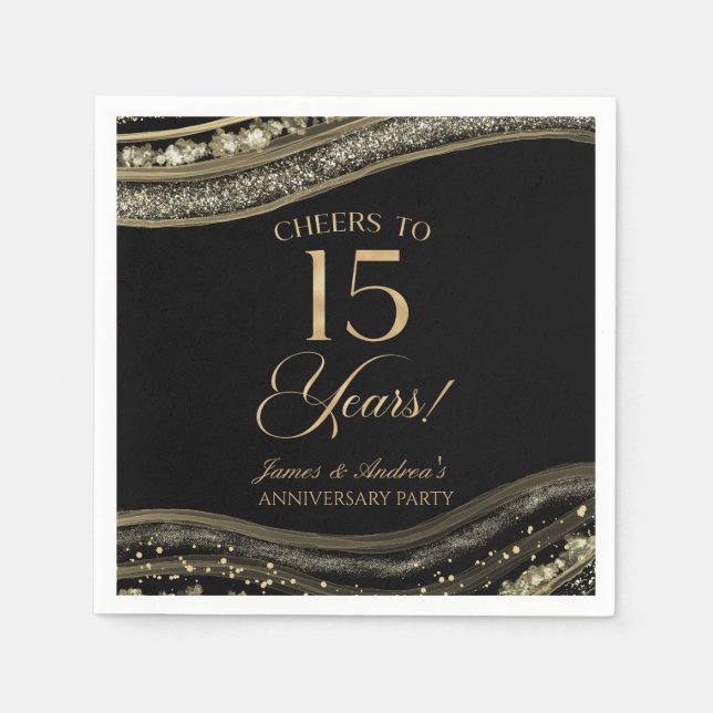 Elegant Black Gold Agate 15th Anniversary Party Napkin (Front)