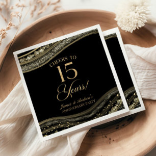 Elegant Black Gold Agate 15th Anniversary Party Napkin