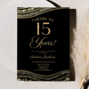 Elegant Black Gold Agate 15th Birthday Party Invitation