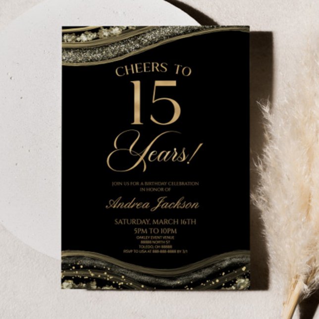 Elegant Black Gold Agate 15th Birthday Party Invitation (Creator Uploaded)