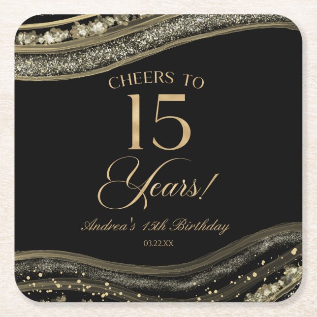Elegant Black Gold Agate 15th Birthday Party Square Paper Coaster (Front)