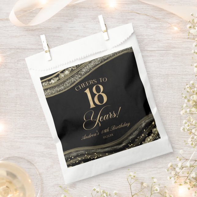 Elegant Black Gold Agate 18th Birthday Party Favour Bag (Clipped)