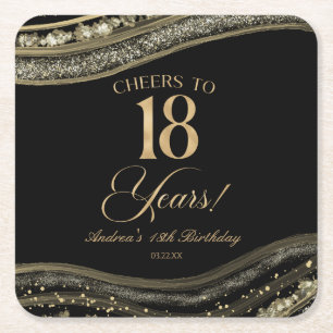 Elegant Black Gold Agate 18th Birthday Party Square Paper Coaster