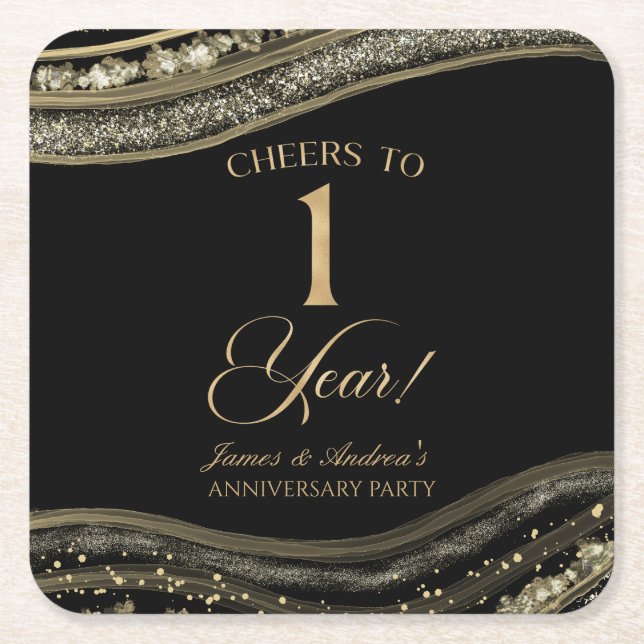 Elegant Black Gold Agate 1st Anniversary Party Square Paper Coaster (Front)