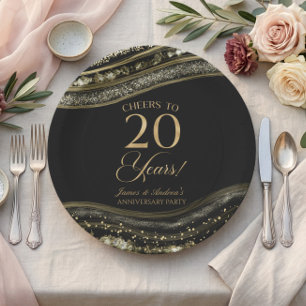 Elegant Black Gold Agate 20th Anniversary Party Paper Plate