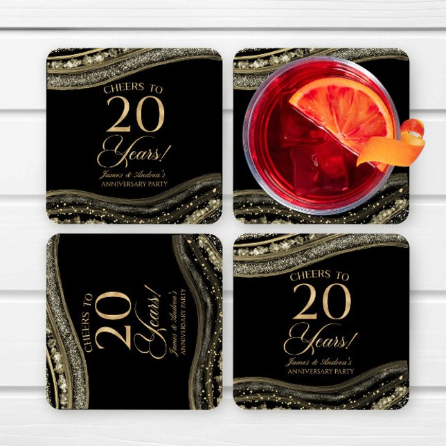 Elegant Black Gold Agate 20th Anniversary Party Square Paper Coaster (Creator Uploaded)