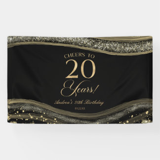 Elegant Black Gold Agate 20th Birthday Party Banner