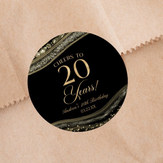 Elegant Black Gold Agate 20th Birthday Party Classic Round Sticker (Creator Uploaded)