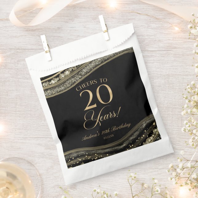 Elegant Black Gold Agate 20th Birthday Party Favour Bag (Clipped)