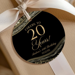 Elegant Black Gold Agate 20th Birthday Party Favour Tags
