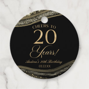 Elegant Black Gold Agate 20th Birthday Party Favour Tags