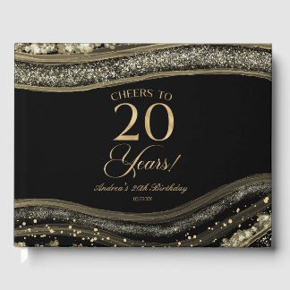 Elegant Black Gold Agate 20th Birthday Party Guest Book