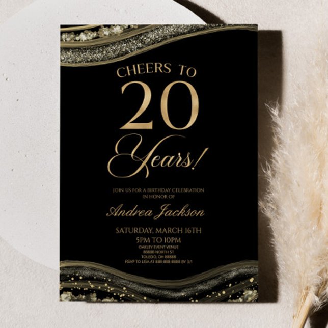 Elegant Black Gold Agate 20th Birthday Party Invitation (Creator Uploaded)