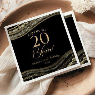 Elegant Black Gold Agate 20th Birthday Party Napkin
