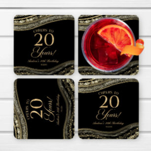 Elegant Black Gold Agate 20th Birthday Party Square Paper Coaster