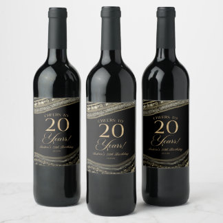 Elegant Black Gold Agate 20th Birthday Party Wine Label