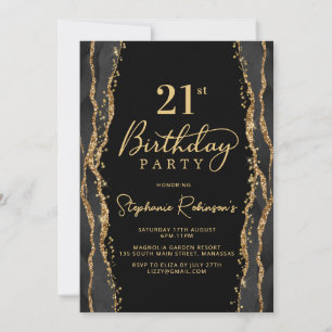 Elegant Black Gold Agate 21st Birthday Invitation