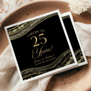 Elegant Black Gold Agate 25th Anniversary Party Napkin
