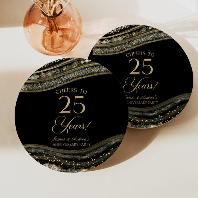Elegant Black Gold Agate 25th Anniversary Party Paper Plate (Creator Uploaded)