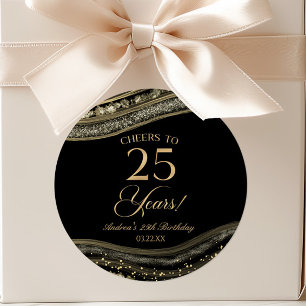 Elegant Black Gold Agate 25th Birthday Party Classic Round Sticker
