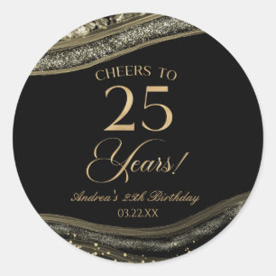 Elegant Black Gold Agate 25th Birthday Party Classic Round Sticker