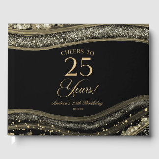 Elegant Black Gold Agate 25th Birthday Party Guest Book