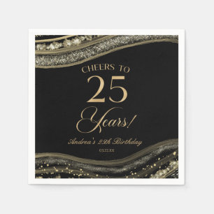 Elegant Black Gold Agate 25th Birthday Party Napkin