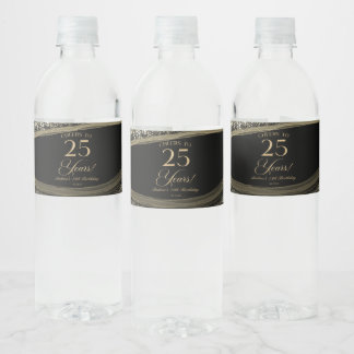 Elegant Black Gold Agate 25th Birthday Party Water Bottle Label