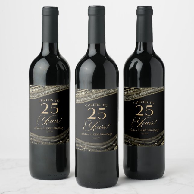 Elegant Black Gold Agate 25th Birthday Party Wine Label (Bottles)