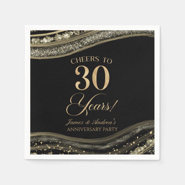 Elegant Black Gold Agate 30th Anniversary Party Napkin (Front)