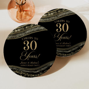 Elegant Black Gold Agate 30th Anniversary Party Paper Plate