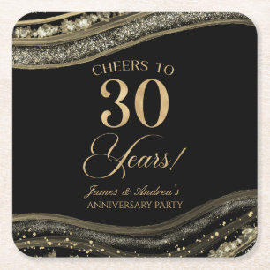 Elegant Black Gold Agate 30th Anniversary Party Square Paper Coaster
